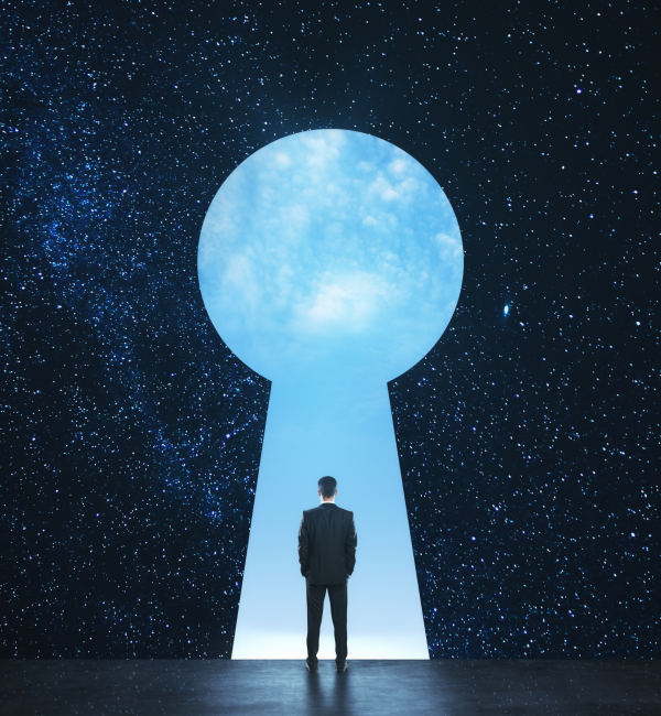 Man standing in daylight before a massive glowing keyhole, symbolizing opportunity, insight, and unlocking potential through strategic risk management