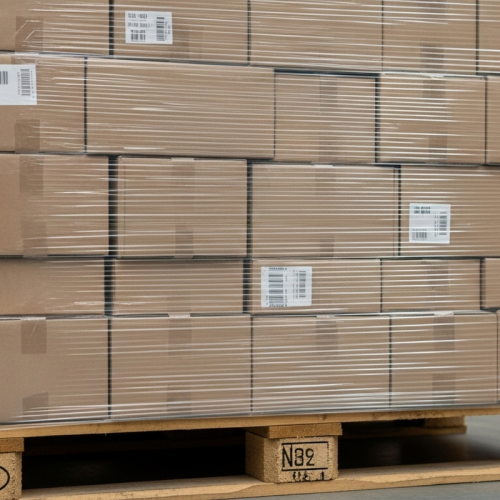 Boxes on a pallet protected with reusable pallet covers